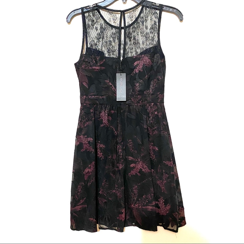 BCBGeneration Black & Purple Ruffle Sheer Overlay Lace Cocktail Dress NWT Size 2